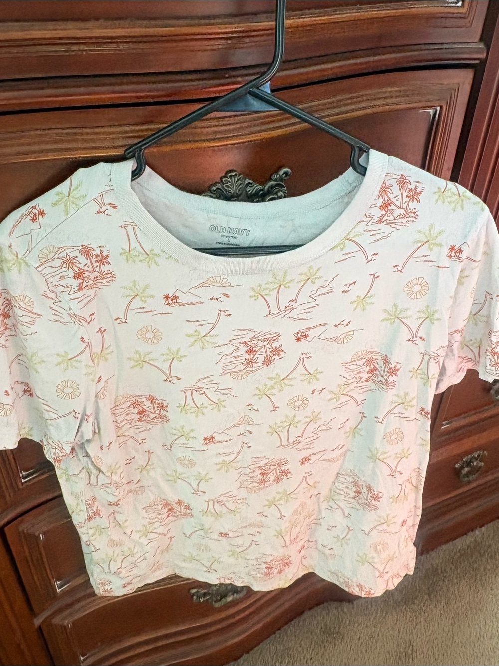 Old Navy Short-Sleeve Tropical Print Tee in Cream with Coral and Light Green